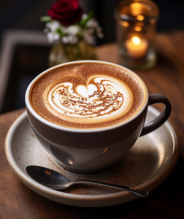 A warm and inviting close-up of a beautifully decorated cappuccino, perfect for cozy cafe or relaxation themes.の素材