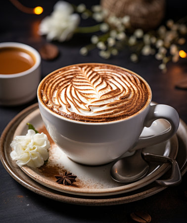 A detailed view of a frothy latte, showcasing delicate latte art, presented with decorative elements on a saucer.の素材