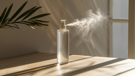 A transparent spray bottle releases a fine mist of clear liquid, illuminated by natural light creating a soft ambiance.の素材