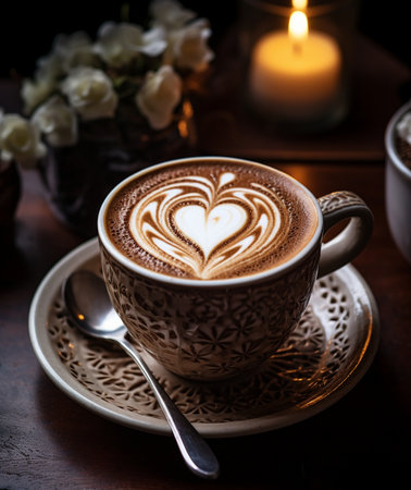 A detailed view of a coffee cup featuring intricate heart-shaped latte art, placed on a decorative saucer with a spoon. Soft candlelight in the background.の素材