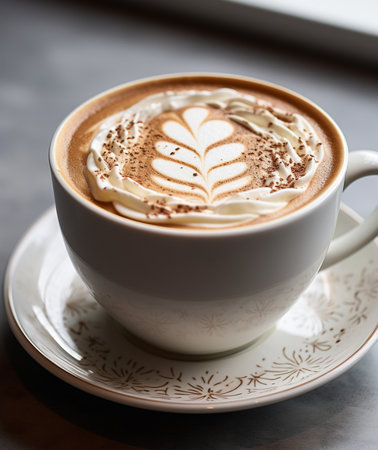 A detailed view of a delicious latte featuring delicate latte art, creamy whipped topping, and a sprinkle of cocoa.の素材