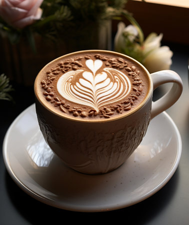 A detailed view of a creamy latte with intricate heart-shaped art, served in a decorative mug.の素材