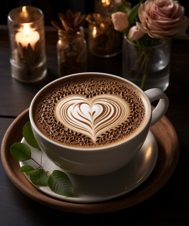 A warm and inviting close-up of a coffee cup featuring intricate heart-shaped latte art, set against a cozy backdrop.の素材