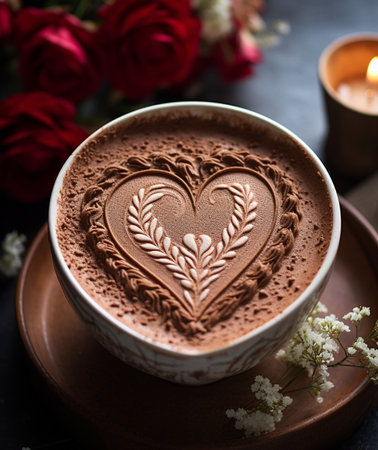 A warm cup of hot chocolate decorated with a detailed heart design, presented with roses and a lit candle, creating a cozy ambiance.の素材