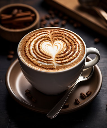A white cup of cappuccino with heart-shaped latte art rests on a saucer with scattered coffee beans and a spoon.の素材