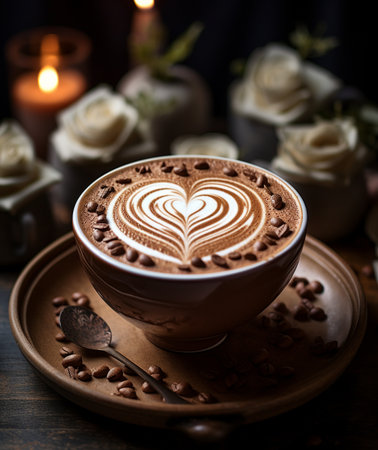 A beautifully crafted latte with heart art, surrounded by coffee beans and soft candlelight. Perfect for cozy cafes.の素材