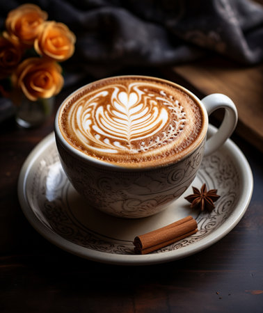 A detailed view of a frothy coffee drink, adorned with latte art, accompanied by spices on a decorative plate.の素材