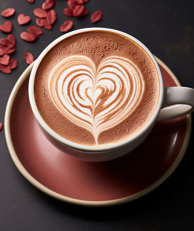 A warm cup of hot chocolate with a beautiful heart shape created with latte art, served on a pink saucer.の素材
