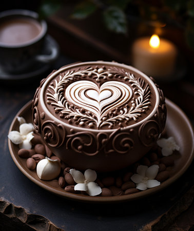 A rich chocolate cake featuring a detailed heart-shaped latte art on top, served with coffee. A romantic dessert.の素材