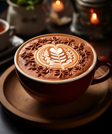 A delicious cup of hot chocolate featuring detailed latte art and decorative star anise, perfect for a cozy moment.の素材