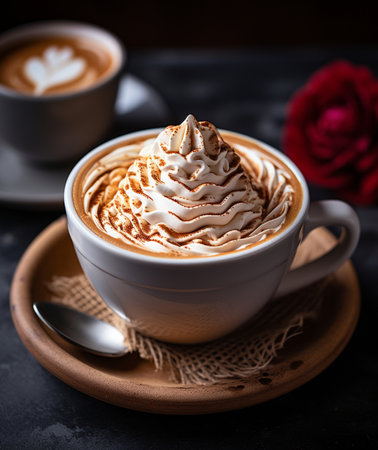 A creamy hot beverage topped with generous whipped cream and a dusting of cocoa, presented elegantly.の素材