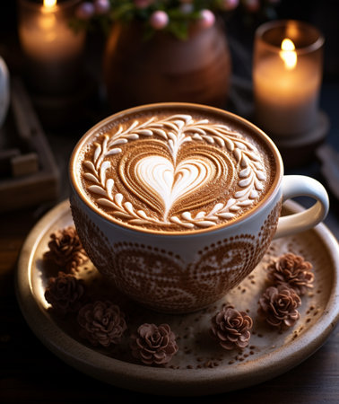 A warm and inviting image of a coffee cup with intricate latte art in the shape of a heart, set on a decorative saucer.の素材