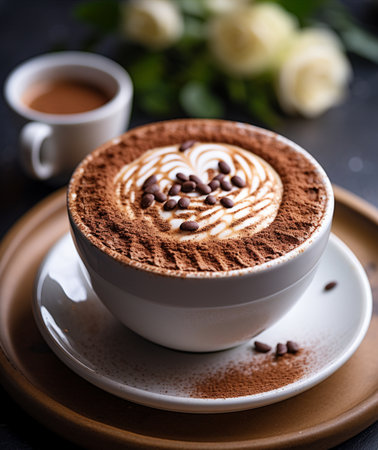 A close-up of a rich chocolate mocha coffee topped with frothed cream, cocoa powder, and chocolate chips on a saucer.の素材