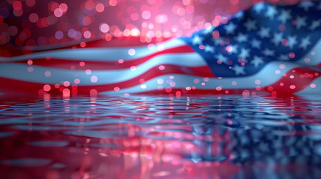 A patriotic image featuring the American flag reflected in water, enhanced by bokeh lights, creating a festive and celebratory atmosphere.の素材