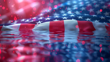 An American flag partially submerged in water, symbolizing resilience, unity, and the enduring spirit of the nation. The image evokes themes of strength and perseverance.の素材