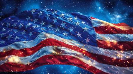 A vibrant image of the American flag waving against a backdrop of stars and cosmic dust, symbolizing patriotism and space exploration.の素材