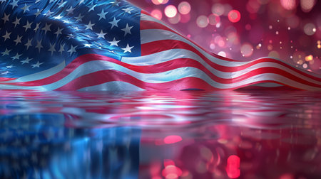 A vibrant image of the American flag reflected in water with bokeh lights, symbolizing patriotism and celebration.の素材