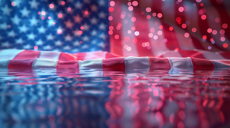 A captivating image of the American flag reflected in water, creating a mesmerizing display of patriotism and symbolism. The stars and stripes shimmer in the water.の素材