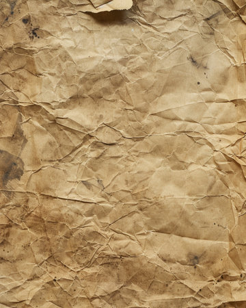 Close-up of an old, crumpled paper texture with wrinkles and stains, perfect for creating vintage and aged backgrounds in design projects.の素材