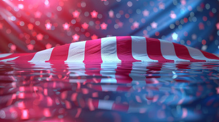 A vibrant image showcasing an American flag reflected in water, illuminated by red and blue lights, creating a patriotic and dynamic visual effect.の素材
