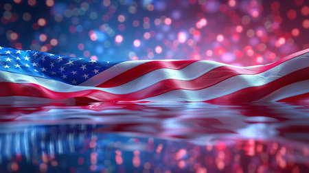 A vibrant image of the American flag waving, reflected in water with bokeh lights in the background, creating a patriotic and festive atmosphere.の素材