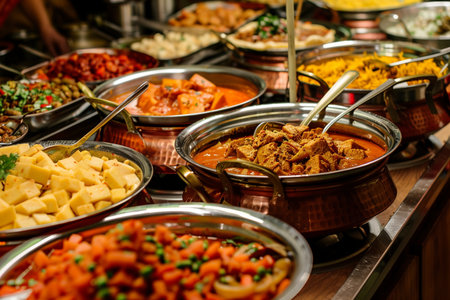 A buffet of Indian dishes, including curries, vegetables, and rice, is displayed in a restaurant setting, inviting diners to sample a variety of flavors.の素材