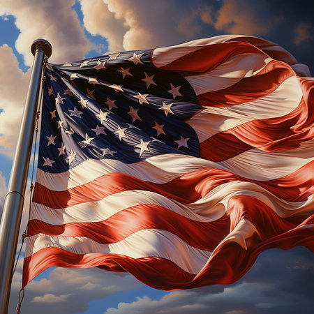 A vibrant image of the American flag waving against a cloudy sky, symbolizing patriotism and freedom. The flags colors are vivid, and the sky adds a dramatic backdrop.の素材
