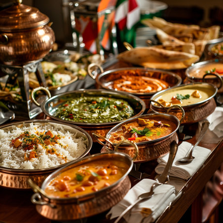 A lavish Indian buffet showcasing a variety of flavorful dishes, from creamy curries to fragrant rice, presented in ornate copper serving dishes, inviting a delightful culinary experience.の素材
