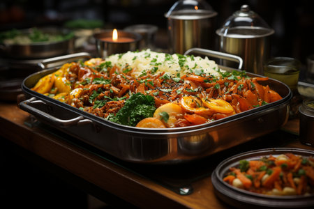 A large stainless steel pan filled with a vibrant vegetable paella, garnished with fresh herbs, sits on a wooden table, ready to be served.の素材