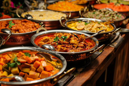 A vibrant display of Indian cuisine featuring a variety of dishes in copper serving bowls, perfect for a buffet or catering event.の素材