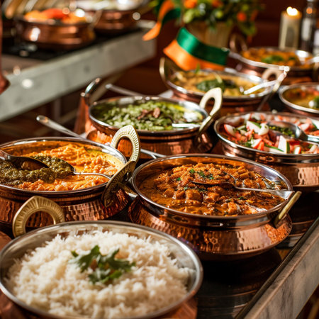 A lavish buffet of Indian dishes, featuring curries, rice, and other delicacies served in traditional copper bowls, creating a vibrant and flavorful culinary experience.の素材