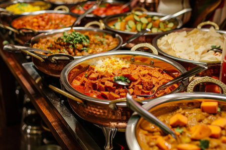 A vibrant and diverse buffet of Indian cuisine, showcasing a variety of dishes in copper serving bowls, offering a rich culinary experience.の素材