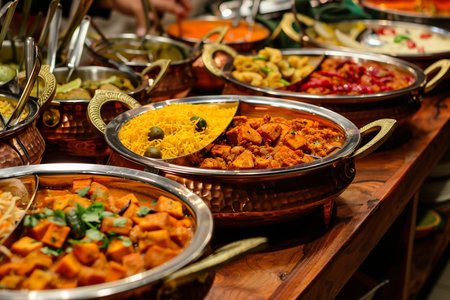 A vibrant spread of Indian dishes in copper serving bowls, showcasing a rich and flavorful buffet. Perfect for food enthusiasts and cultural experiences.の素材