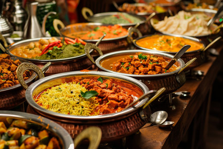 A vibrant and diverse Indian buffet featuring an array of flavorful dishes served in traditional metal bowls, offering a rich culinary experience.の素材