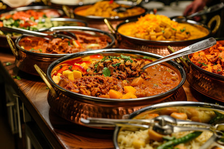 A vibrant and appetizing Indian buffet featuring a diverse selection of dishes served in traditional copper serving dishes, perfect for a culinary experience.の素材