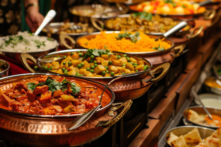 A vibrant and diverse Indian cuisine buffet featuring an array of flavorful dishes, showcasing the rich culinary heritage and aromatic spices of India.の素材