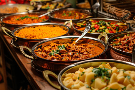A vibrant and appetizing spread of Indian cuisine featuring various curries, rice, and vegetable dishes served in traditional metal bowls, perfect for a buffet or feast.の素材