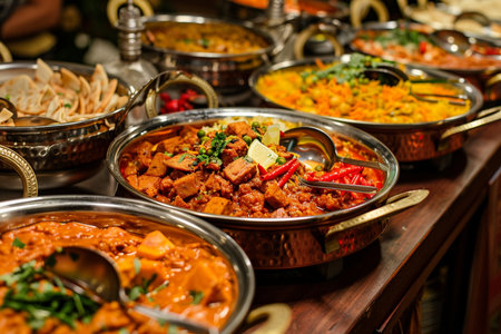 A vibrant display of Indian cuisine featuring a variety of dishes in serving bowls, showcasing the rich flavors and colors of Indian food.の素材