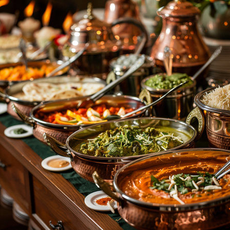 A lavish buffet featuring a variety of Indian dishes served in traditional copper pots, showcasing rich colors and textures.の素材