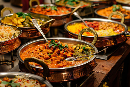 A vibrant display of Indian dishes in copper serving bowls, showcasing a variety of curries, vegetables, and rice, perfect for a buffet or feast.の素材