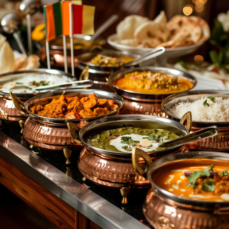 A vibrant Indian buffet showcases an array of curries, rice, and breads in copper serving dishes, accented by small flags and soft lighting.の素材