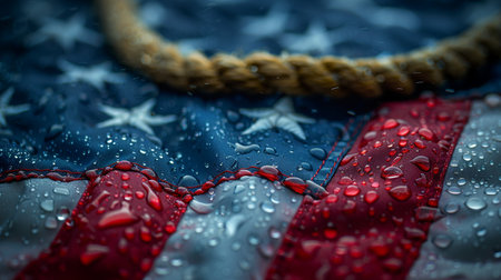 A close-up, unsettling image of an American flag with a noose draped across it, covered in water droplets, creating a somber and thought-provoking visual.の素材