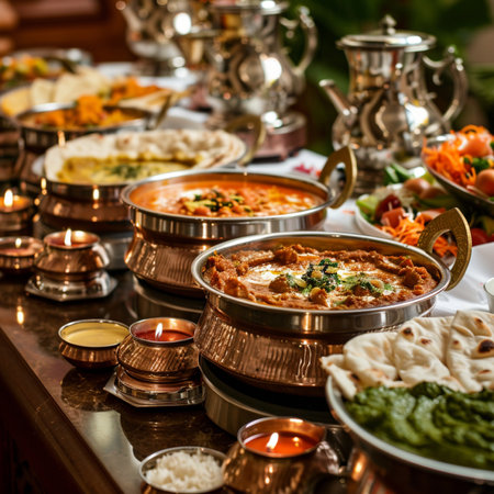 A lavish Indian buffet featuring a variety of dishes in copper serving bowls, accompanied by candles and traditional silverware, creating an inviting and elegant dining experience.の素材