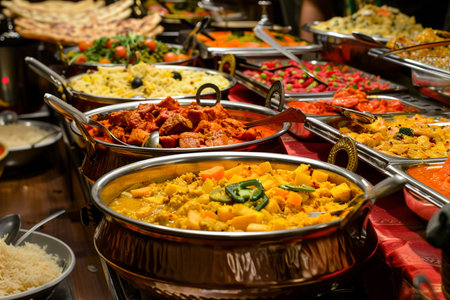 A vibrant and diverse Indian buffet featuring an array of curries, rice, and traditional dishes, offering a rich and flavorful culinary experience.の素材