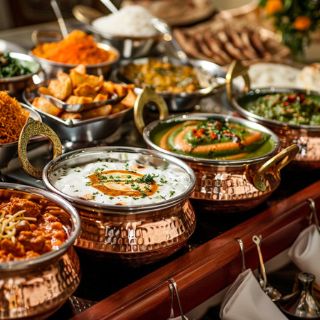 A vibrant display of Indian cuisine featuring an array of dishes in copper serving bowls, showcasing the rich colors and textures of traditional Indian food.の素材