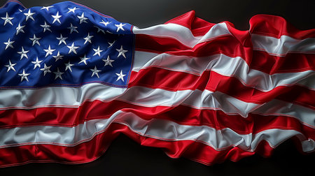 A vibrant image of the American flag waving, symbolizing patriotism, freedom, and national pride. The stars and stripes are prominently displayed against a dark background.の素材