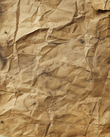 Close-up of crumpled brown paper, showcasing its texture and folds, ideal for vintage or rustic designs and backgrounds.の素材