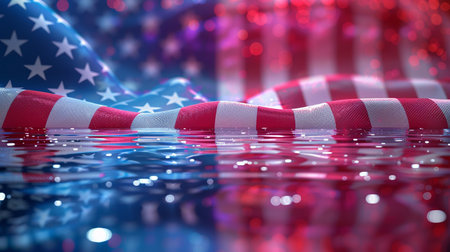 A captivating image showcasing the American flag reflected in water, blending patriotism with artistic flair. Red, white, and blue hues create a stunning visual.の素材