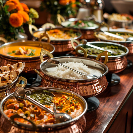 A vibrant display of Indian cuisine featuring an array of curries, rice, and naan bread served in traditional copper bowls, perfect for a festive buffet.の素材