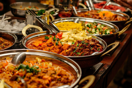 A vibrant and appetizing Indian buffet featuring a variety of curries, rice, and vegetable dishes, perfect for a culinary adventure.の素材
